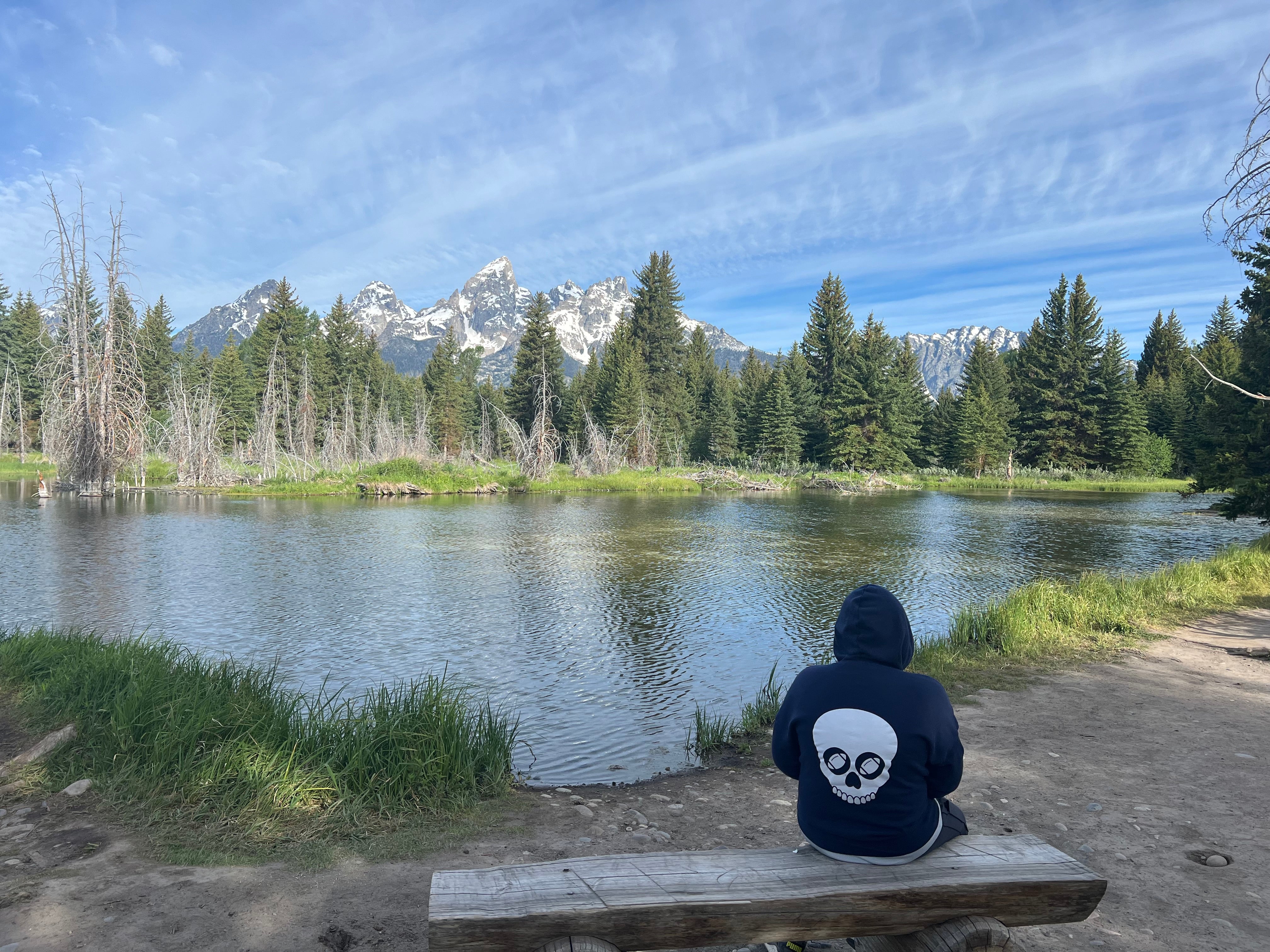 Person wearing Alpine Bay Skull Hoodie looking out in the wilderness